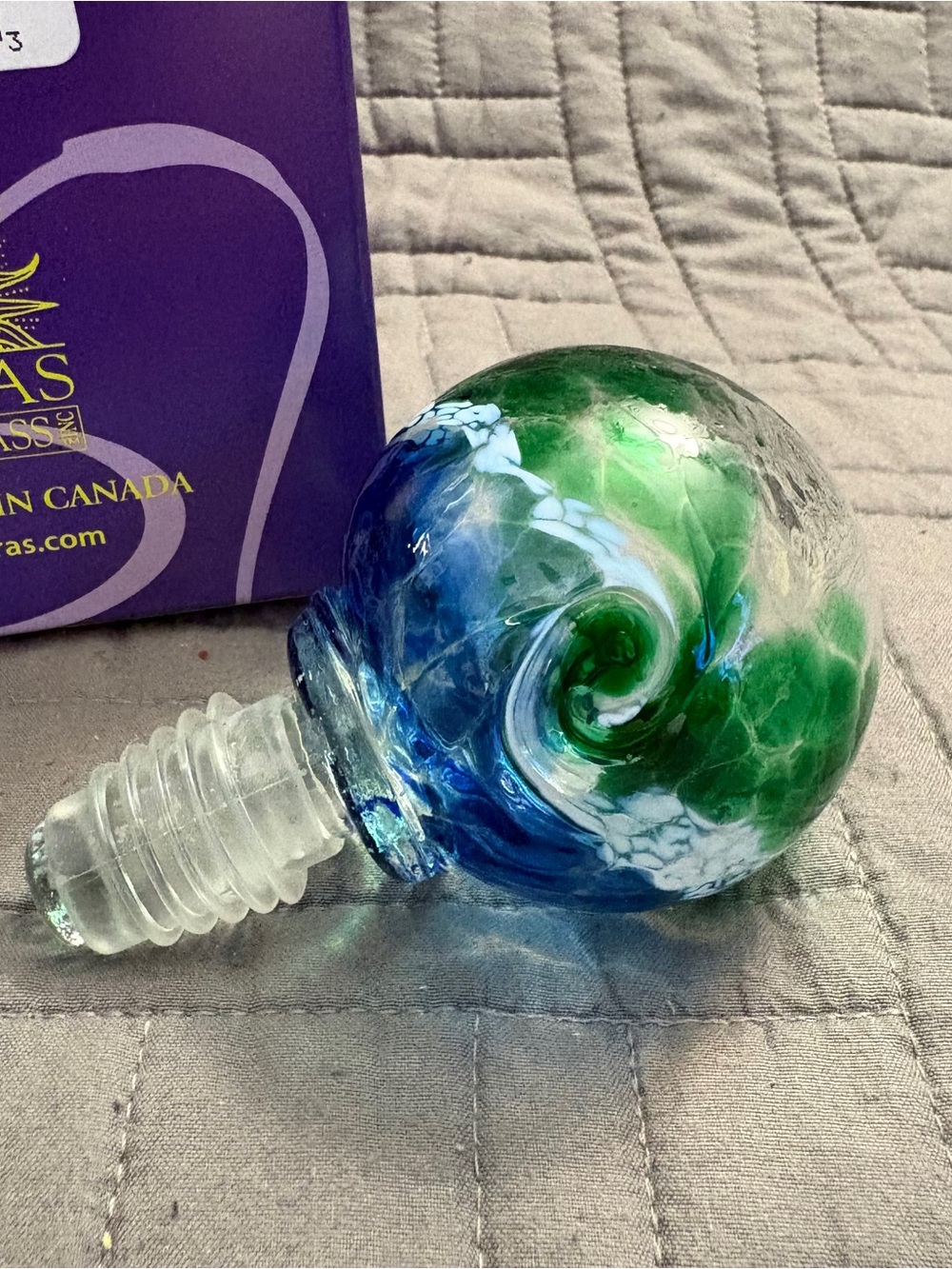 Kitras Art Glass Bottle Stopper Earth Swirl Blue & Green Abstract Hand Blown